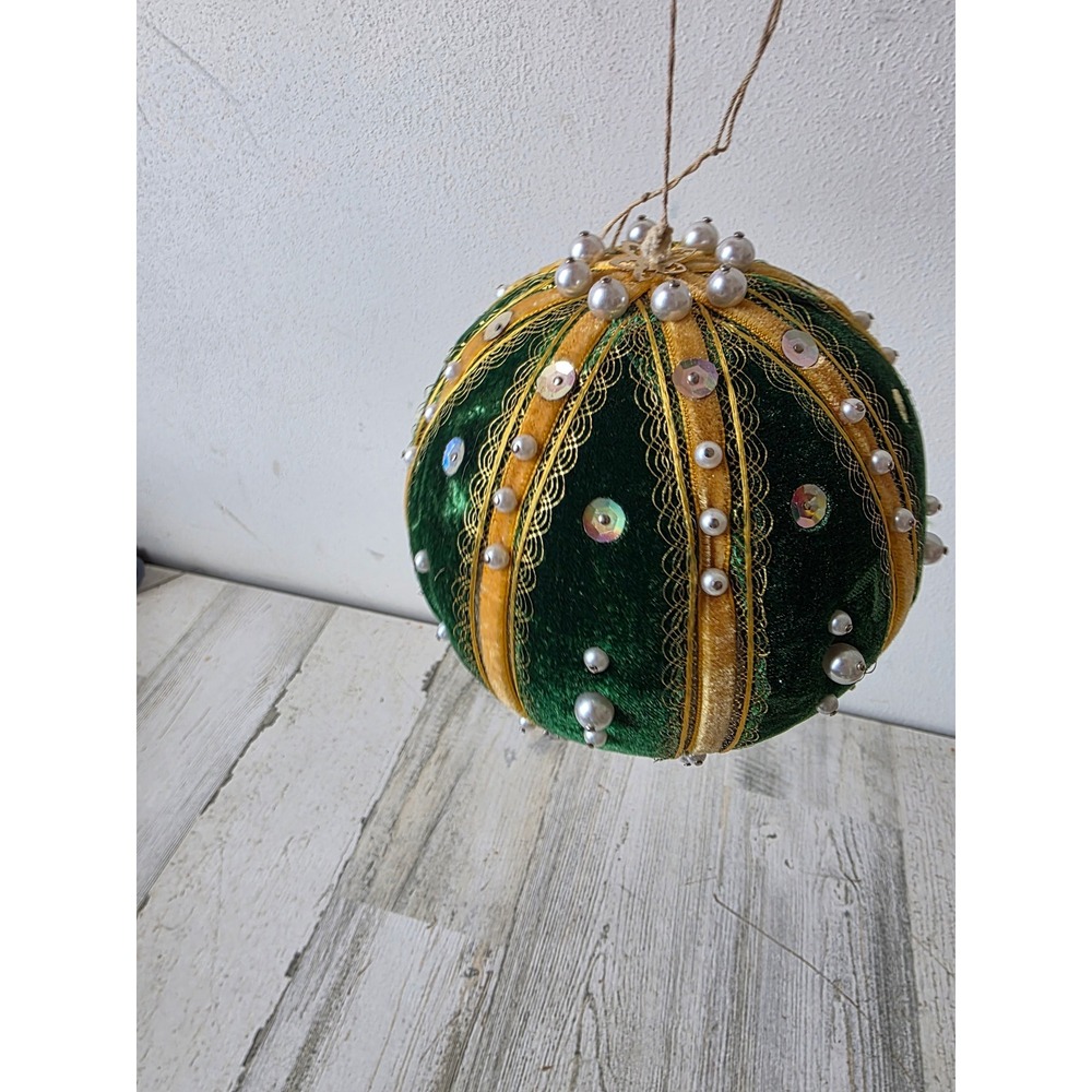 Vintage huge pushpin ball felt green gold ribbon pearl sequin ornament Xmas tree